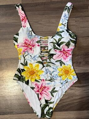 TiniBikini Floral One-Piece Swimwear — White with Pink & Yellow Flowers